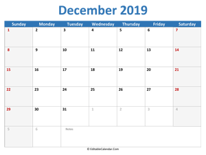 2019 printable calendar december