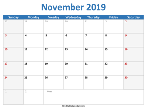2019 printable calendar november