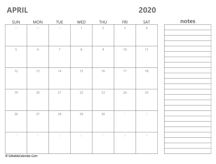 Download 2020 April Calendar Printable (Word Version)
