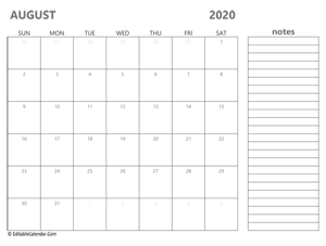2020 august calendar printable
