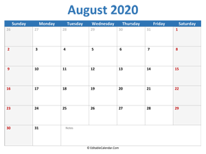 2020 printable calendar august