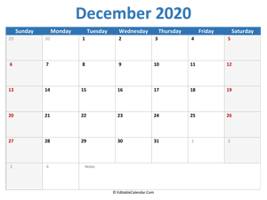 2020 printable calendar december