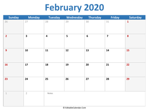 2020 printable calendar february