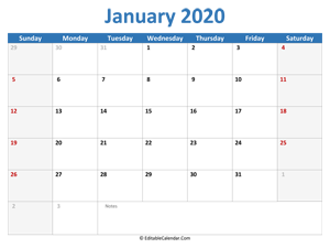 2020 printable calendar january