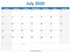 2020 printable calendar july