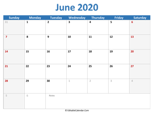 2020 printable calendar june