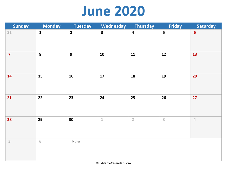 2020 printable calendar june