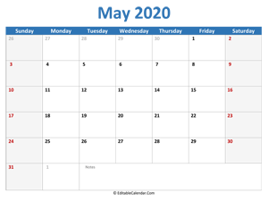 2020 printable calendar may
