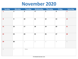 2020 printable calendar november