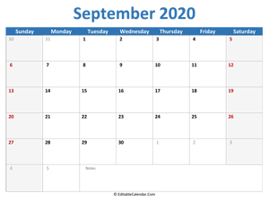 2020 printable calendar september