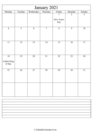 2021 calendar january with holidays and notes portrait