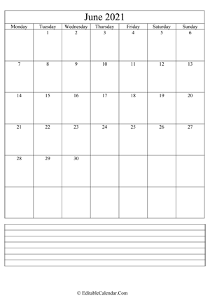 2021 calendar june with holidays and notes portrait