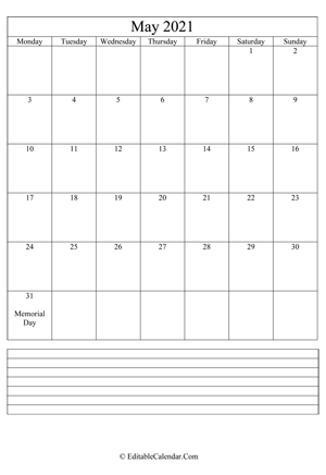 2021 calendar may with holidays and notes portrait