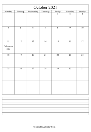 2021 calendar october with holidays and notes portrait