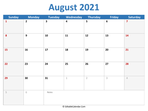 2021 printable calendar august