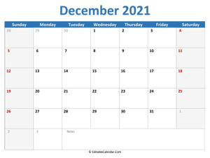 2021 printable calendar december