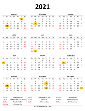 2021 printable calendar with holidays (portrait)