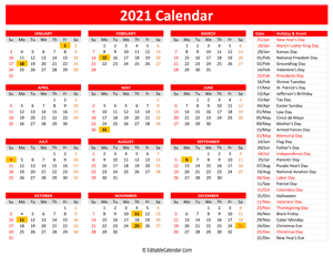 2021 printable calendar holidays red style