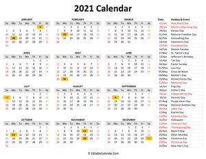 2021 printable calendar with holidays