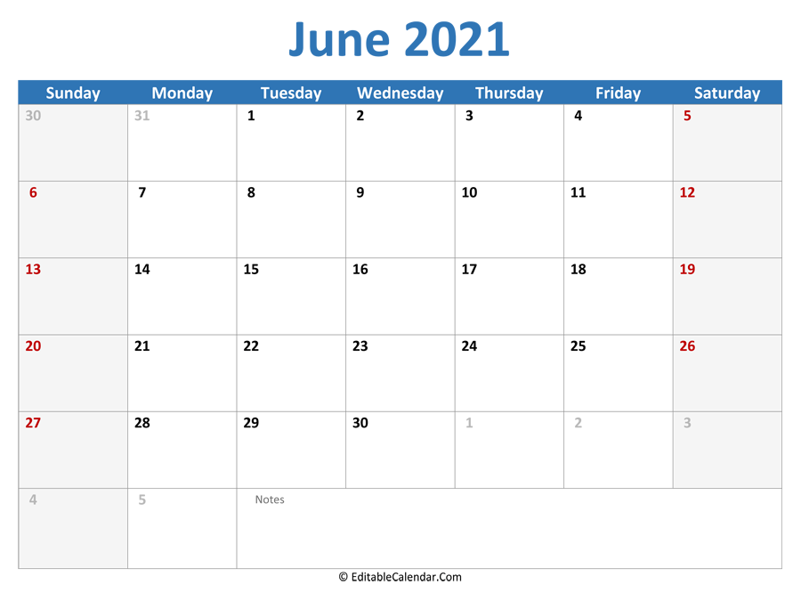 Download 2021 Printable Calendar June (Word Version)