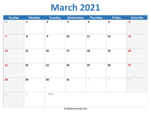 2021 printable calendar march