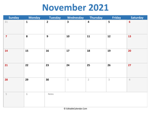 2021 printable calendar november