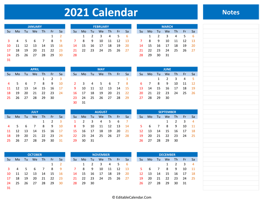 2021 Yearly Calendar with Notes