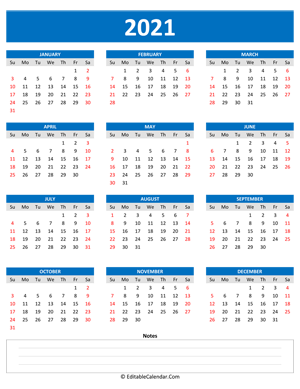 2021 yearly calendar notes portrait blue style