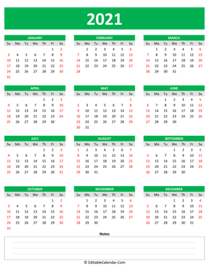2021 yearly calendar notes portrait green style