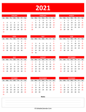 2021 yearly calendar notes portrait red style