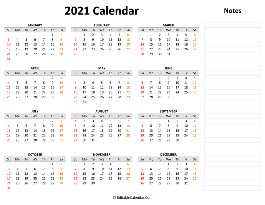 2021 Yearly Calendar with Notes