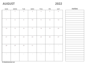2022 august calendar printable