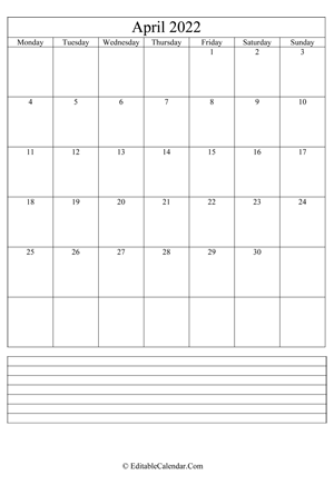 2022 calendar april with holidays and notes portrait