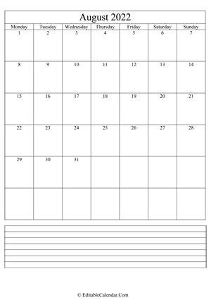 2022 calendar august with holidays and notes portrait
