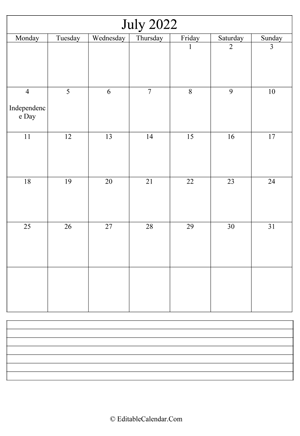 2022 calendar july with holidays and notes portrait