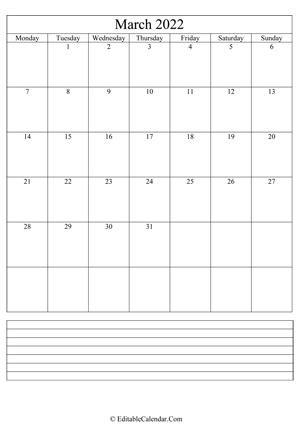 2022 calendar march with holidays and notes portrait