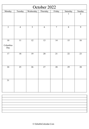 2022 calendar october with holidays and notes portrait