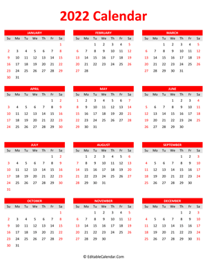2022 calendar portrait red style