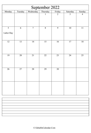 2022 calendar september with holidays and notes portrait