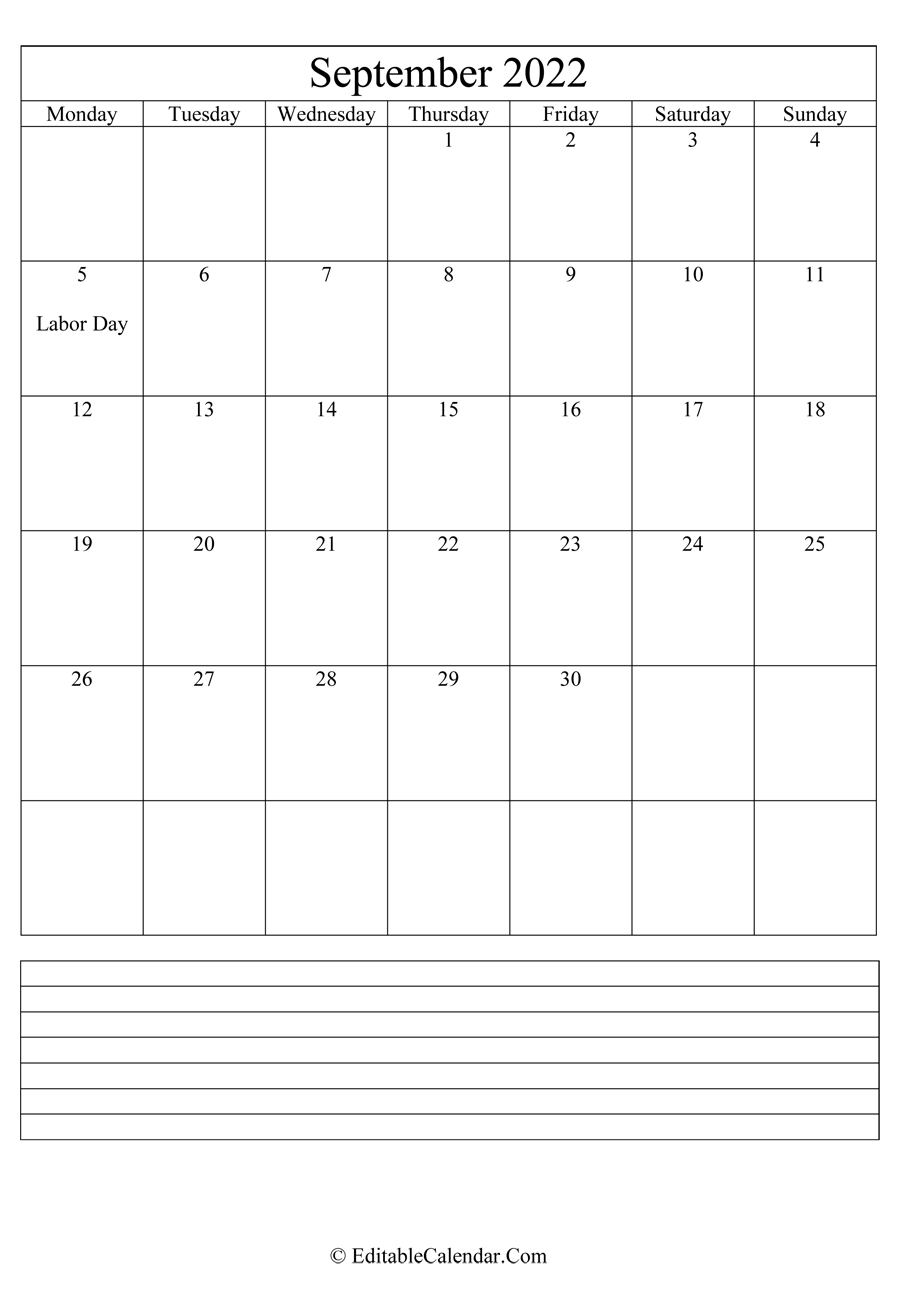 Editable September 2022 Calendar