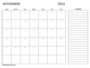 2022 november calendar printable