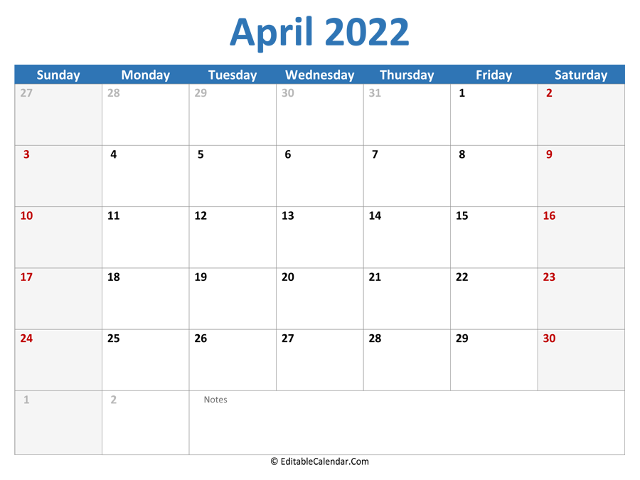 Printable Calendar 2022 Word April 2022 Calendar Templates