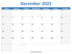 2022 printable calendar december