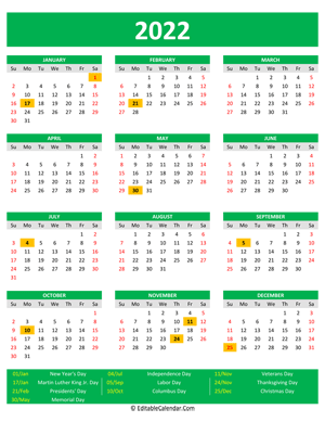 2022 printable calendar holidays portrait green style