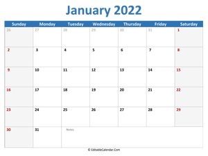 2022 printable calendar january