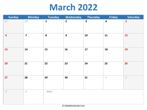 2022 printable calendar march