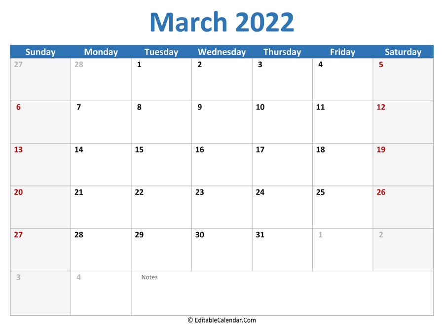 Download 2022 Printable Calendar March PDF Version 