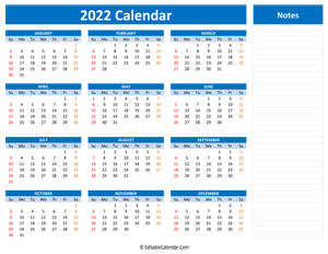 2022 yearly calendar notes blue style