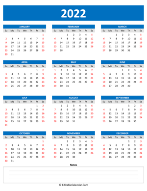 2022 yearly calendar notes portrait blue style