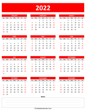 2022 yearly calendar notes portrait red style